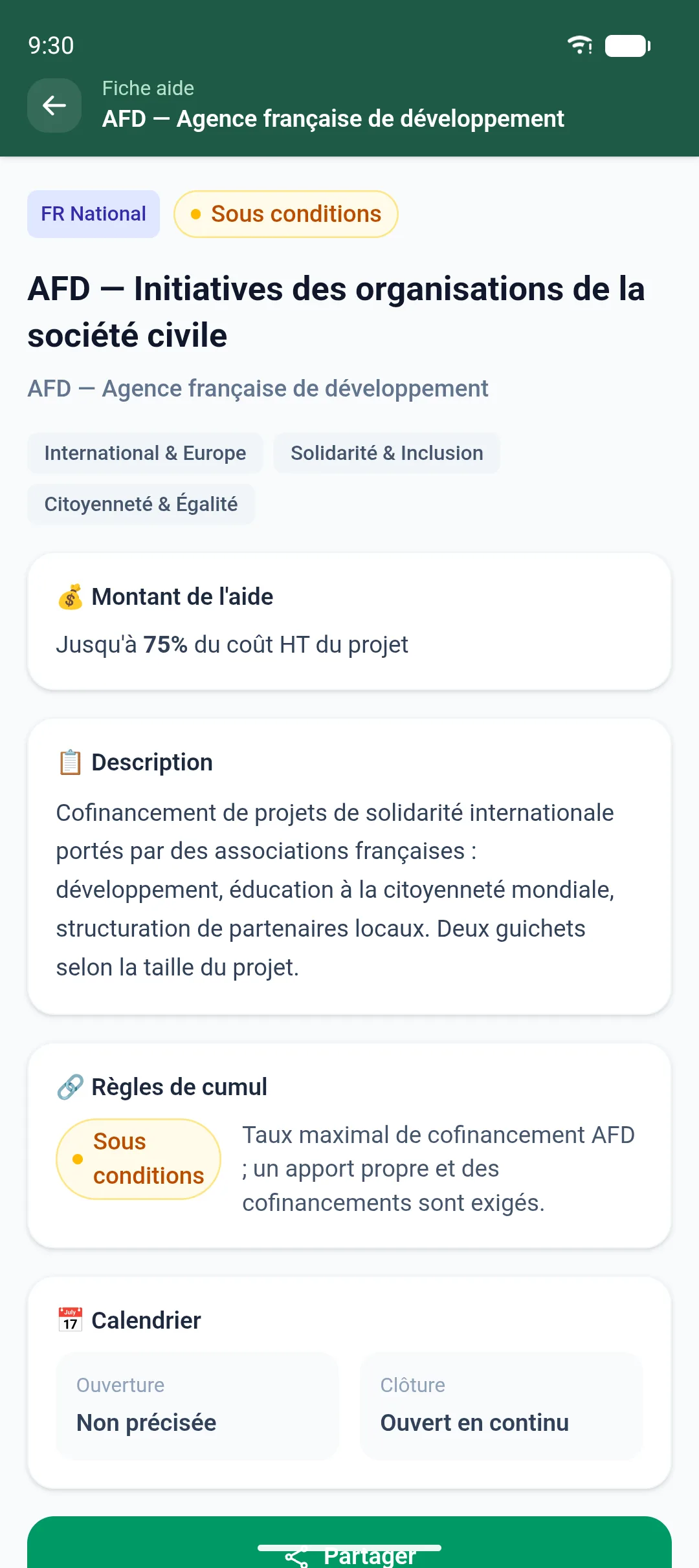 Fiche détaillée d’une aide, avec son montant, ses règles de cumul et son calendrier