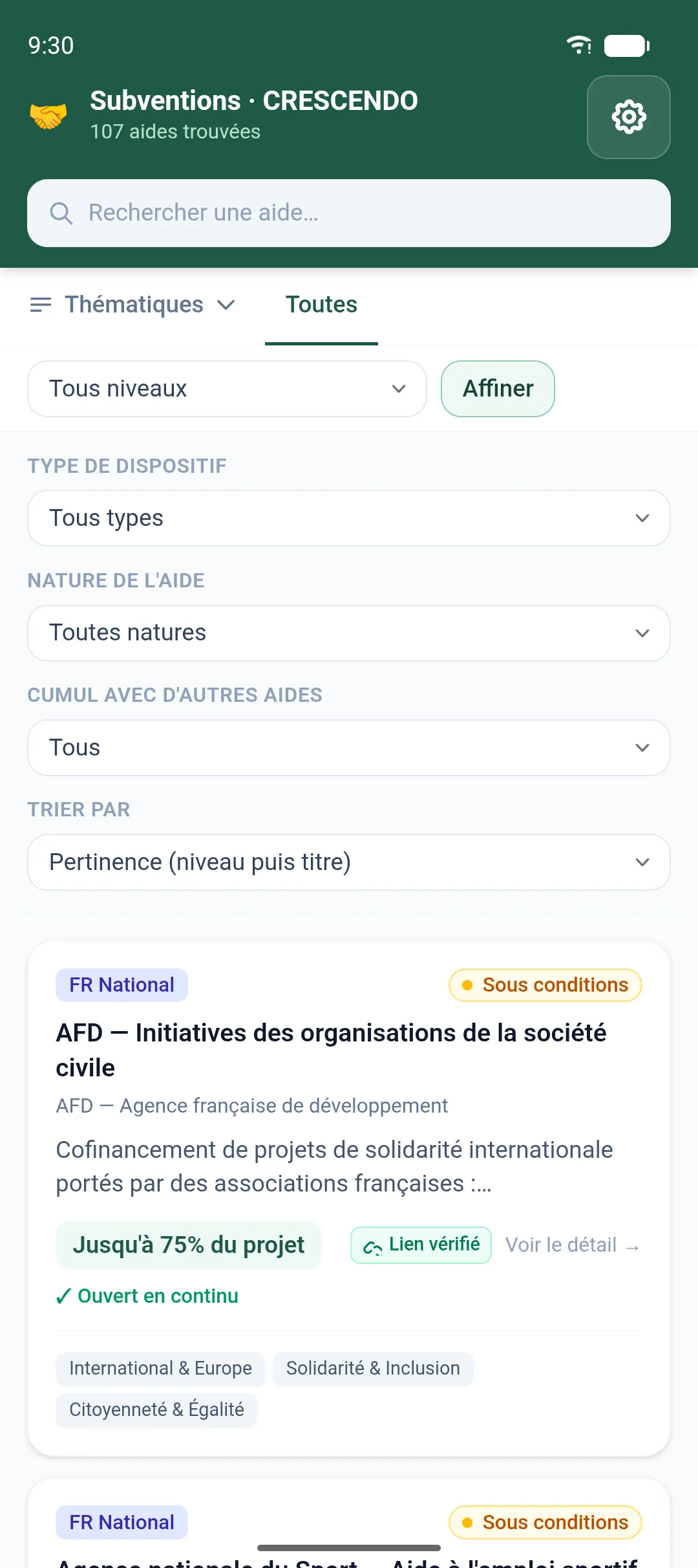 Panneau Affiner : type de dispositif, nature de l’aide, cumul, tri