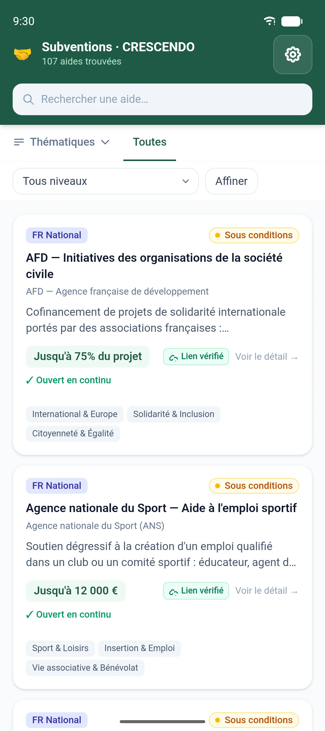 Liste des aides ouvertes à une association, avec les montants et les thématiques