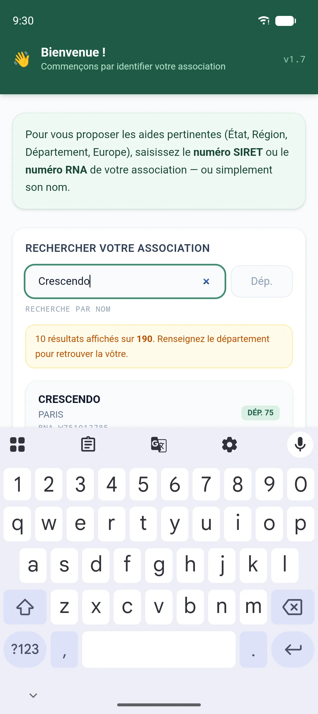 Recherche d’une association par nom, avec le nombre total de correspondances et le filtre départemental