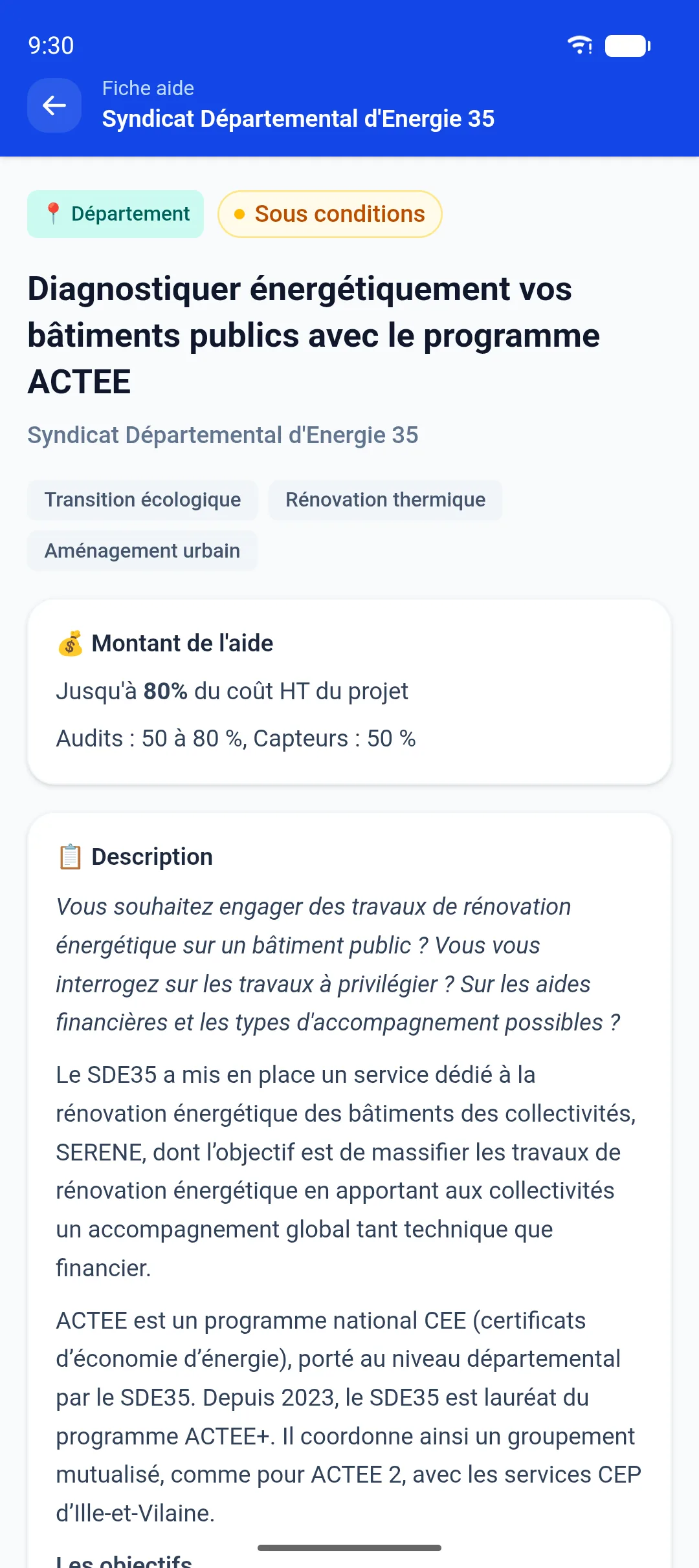 Fiche détaillée d’une aide, avec son montant et sa description