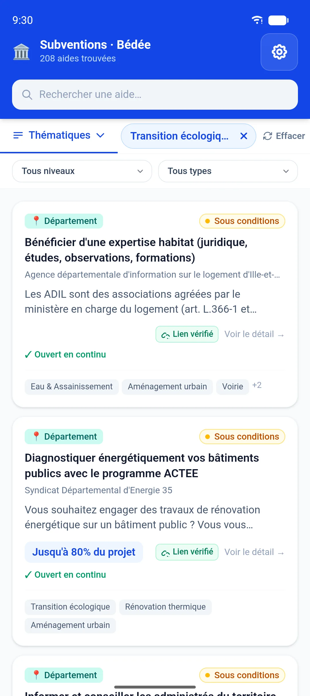 Liste des aides ouvertes à une commune, filtrée sur la thématique Transition écologique